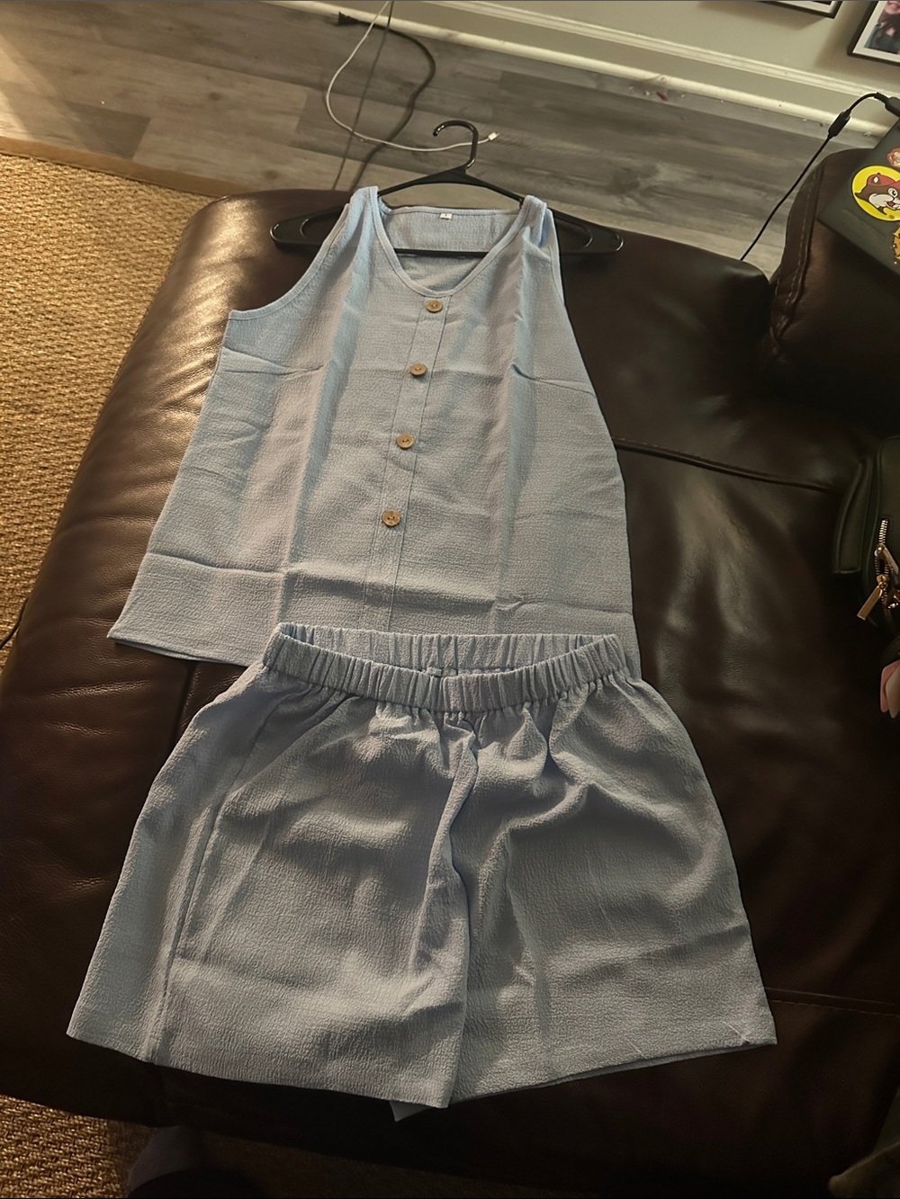 Light Blue Button Tank & Elastic Waist Shorts Set